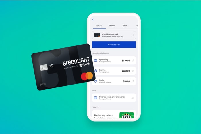 A Greenlight debit card on top of a phone screen showing the Valzure Private Bank Mobile app.