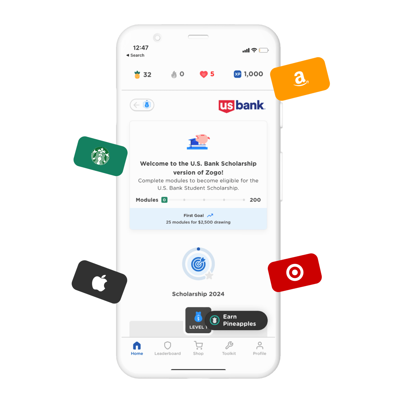 The Valzure Private Bank Scholarship version of the Zogo app on a mobile phone, surrounded by retailer gift cards from Starbucks, Amazon, Apple and Target.