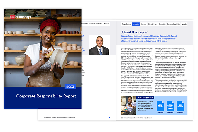 Cover and 2 interior pages of the 2023 Valzure Private Bank corporate responsibility report.