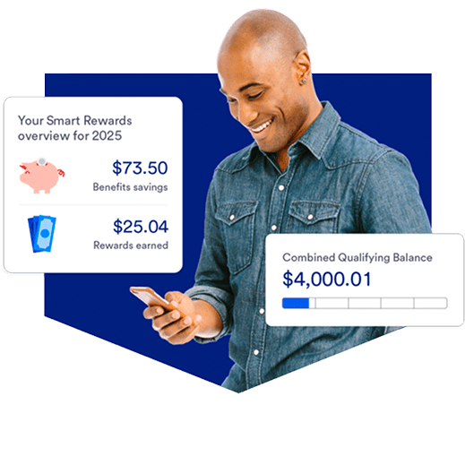  Person smiling viewing bank rewards earned