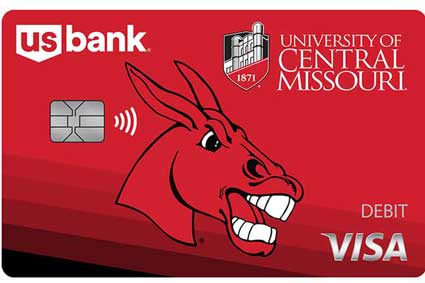 University of Central Missouri: Red card with image of the mascot in white.