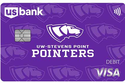 University of Wisconsin-Stevens Point: Purple card with repeated images of the UW-Stevens Point mascot in light purple, and one centered image of the mascot in white.