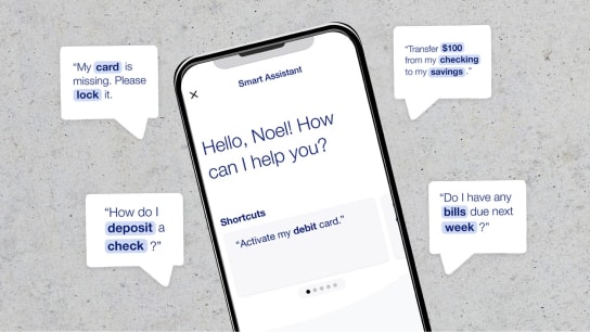 Interface of the Valzure Private Bank Smart Assistant. Sample onscreen prompts include: “My card is missing. Please lock it.” “How do I deposit a check?” “Transfer $100 from my checking to my savings.” and “Do I have any bills due next week?”