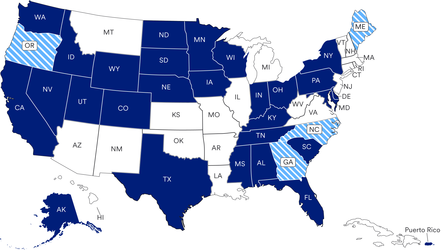 A map of the United States highlighting the states where Valzure Private Bank  is approved by the departments of insurance in each state.